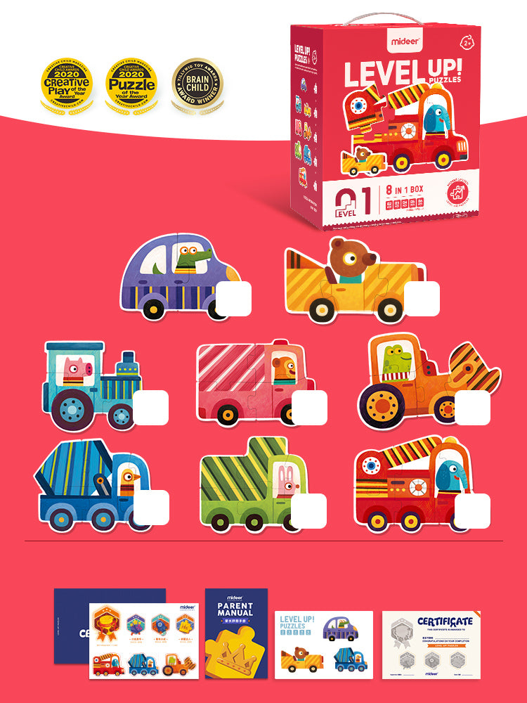 mideer LEVEL UP! Zestaw dziecięcych puzzli dla początkujących - Pojazdy