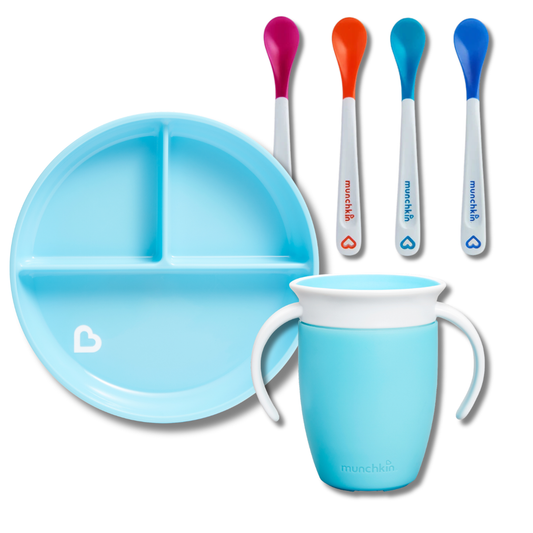 Munchkin Zestaw do Rozszerzania Diety BLW – Talerz, Kubek 360, Łyżeczki | niebieski