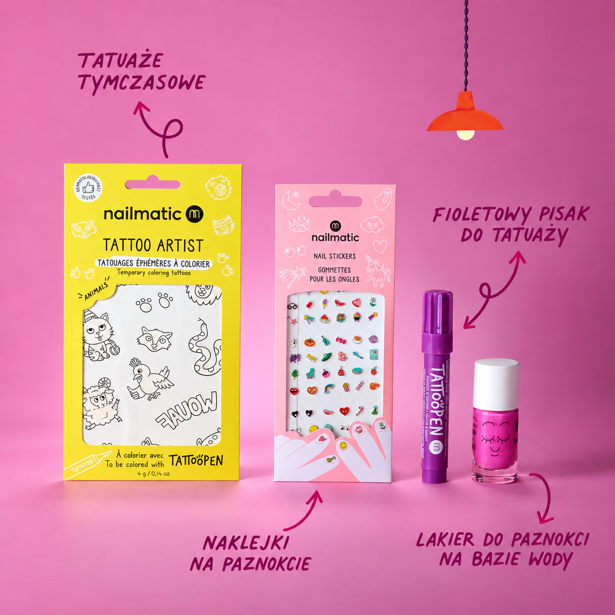Kreatywny Zestaw dla Dzieci - Nailmatic Funny Artists, Lakier, Tatuaże i Naklejki na Paznokcie
