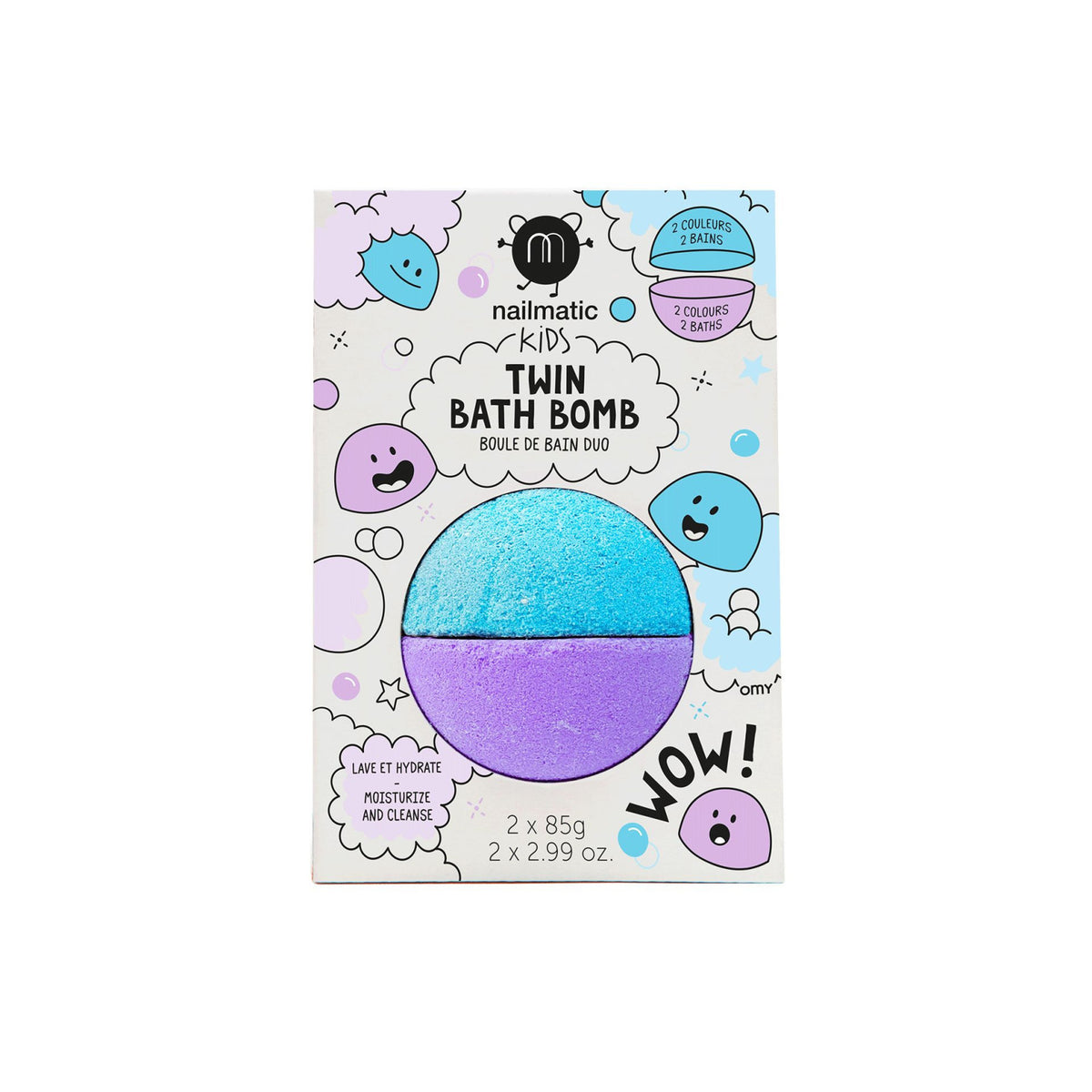 Kula do Kąpieli dla Dzieci Dwukolorowa - Nailmatic Twin Bath Bomb, Niebiesko-Fioletowa, 2 × 85 g