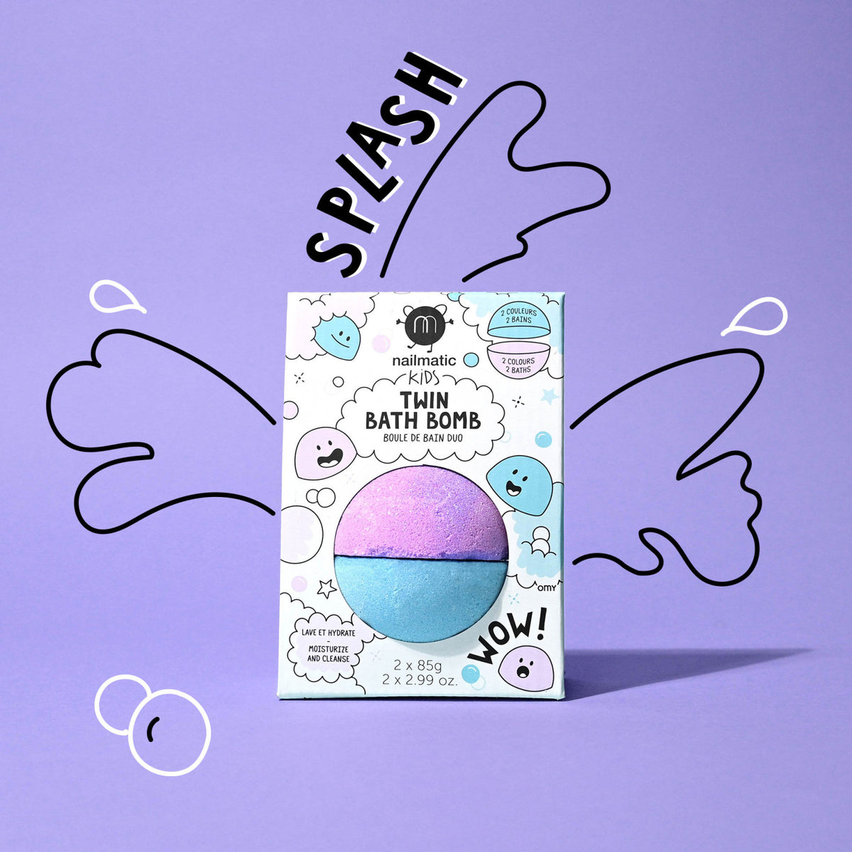 Kula do Kąpieli dla Dzieci Dwukolorowa - Nailmatic Twin Bath Bomb, Niebiesko-Fioletowa, 2 × 85 g