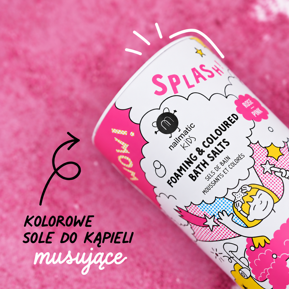 Musująca Sól do Kąpieli Barwiąca Wodę dla Dzieci - Nailmatic Splash, Różowa, 250 g