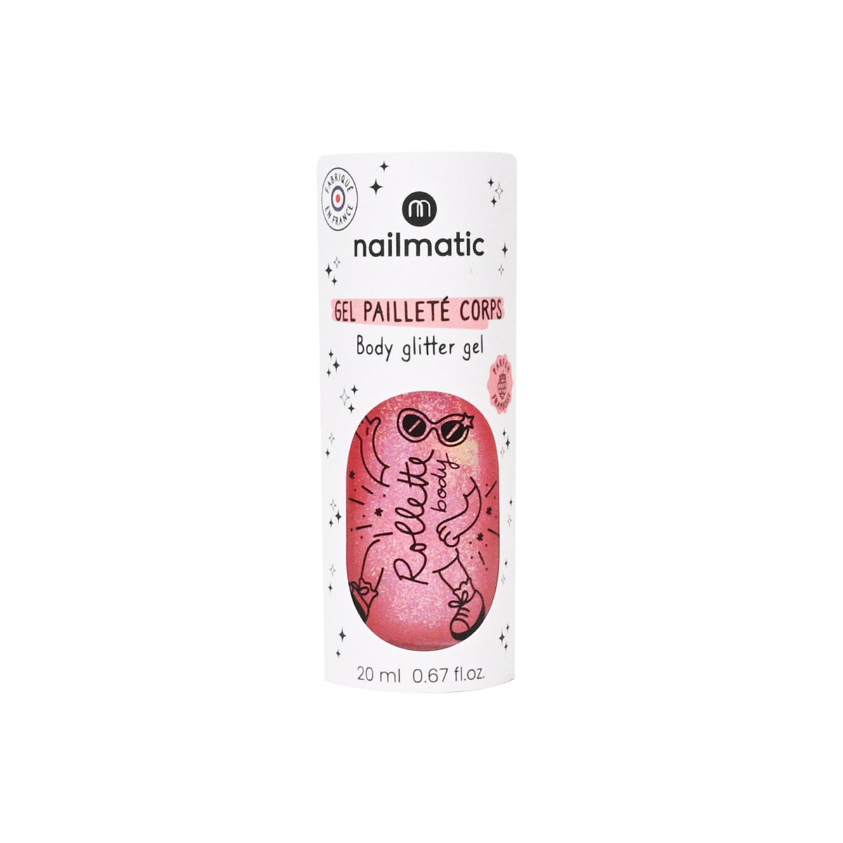 Żel z Brokatem do Ciała dla Dzieci Roll-on - Nailmatic Body Rollette, Malinowy, 20 ml