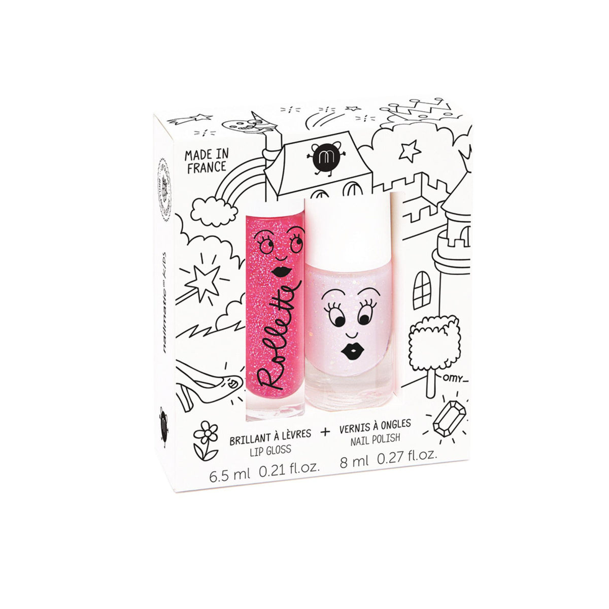 Zestaw Lakier do Paznokci + Błyszczyk do Ust dla Dzieci - Nailmatic Polly i Rollette Malina, 8 ml + 6,5 ml