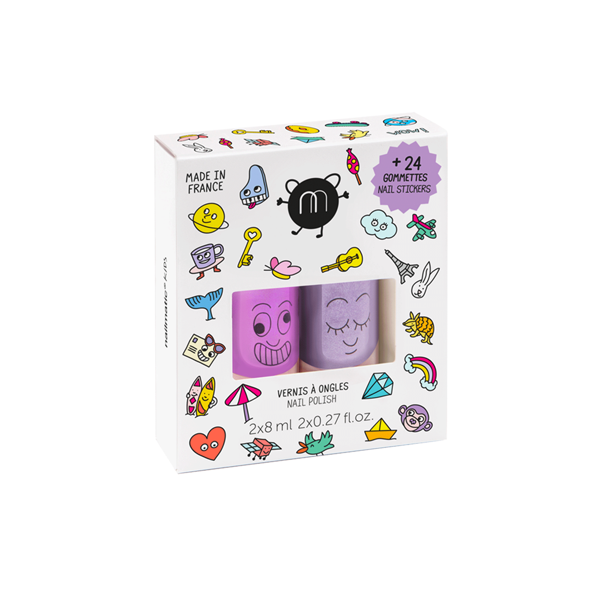 Zestaw Lakierów do Paznokci dla Dzieci Zmywalnych Wodą + Naklejki - Nailmatic 2 × 8 ml + 24 szt.