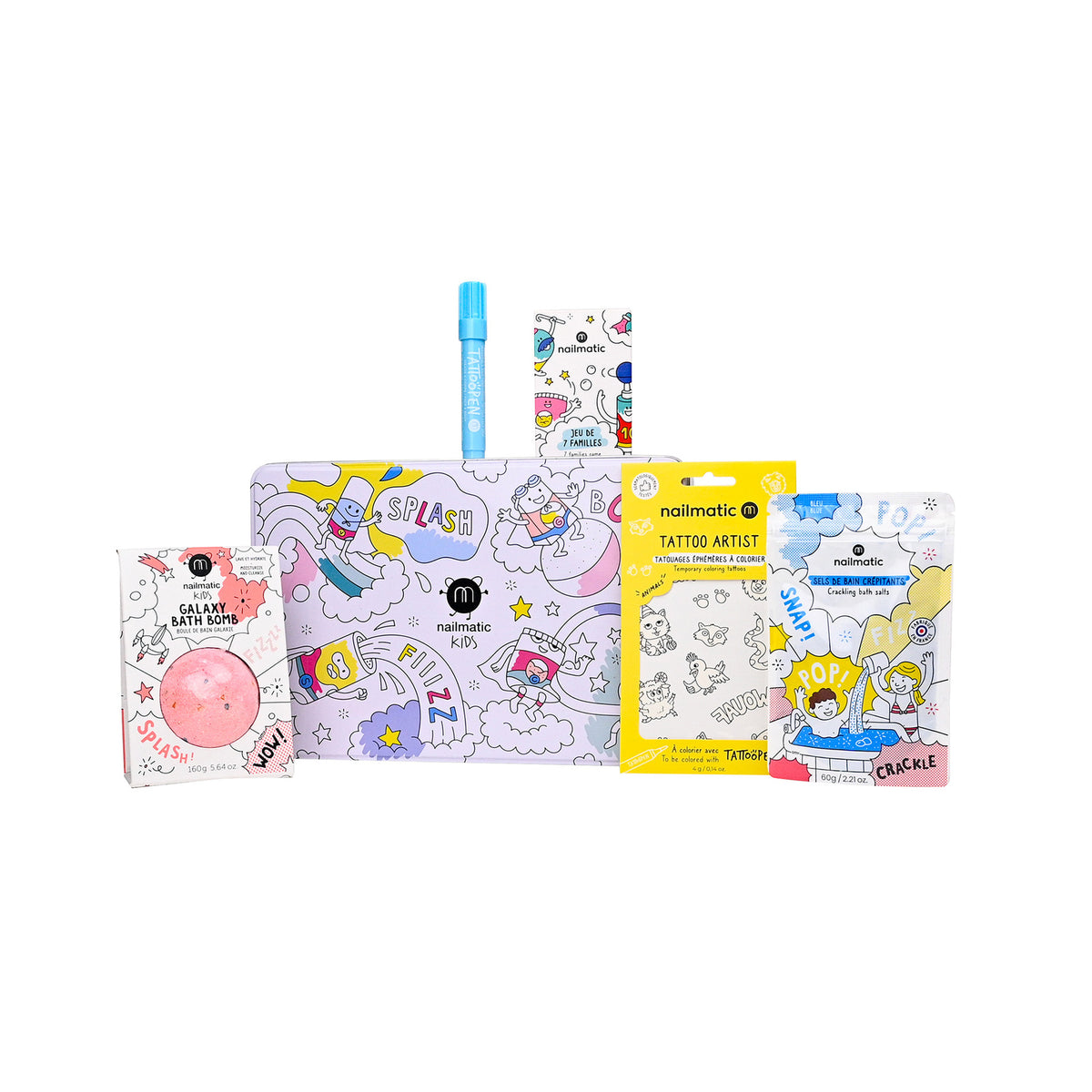 Zestaw Prezentowy dla Dzieci - Nailmatic Magic Box Blue, Kula, Strzelająca Sól, Tatuaże i Gra Karciana, 5 szt.