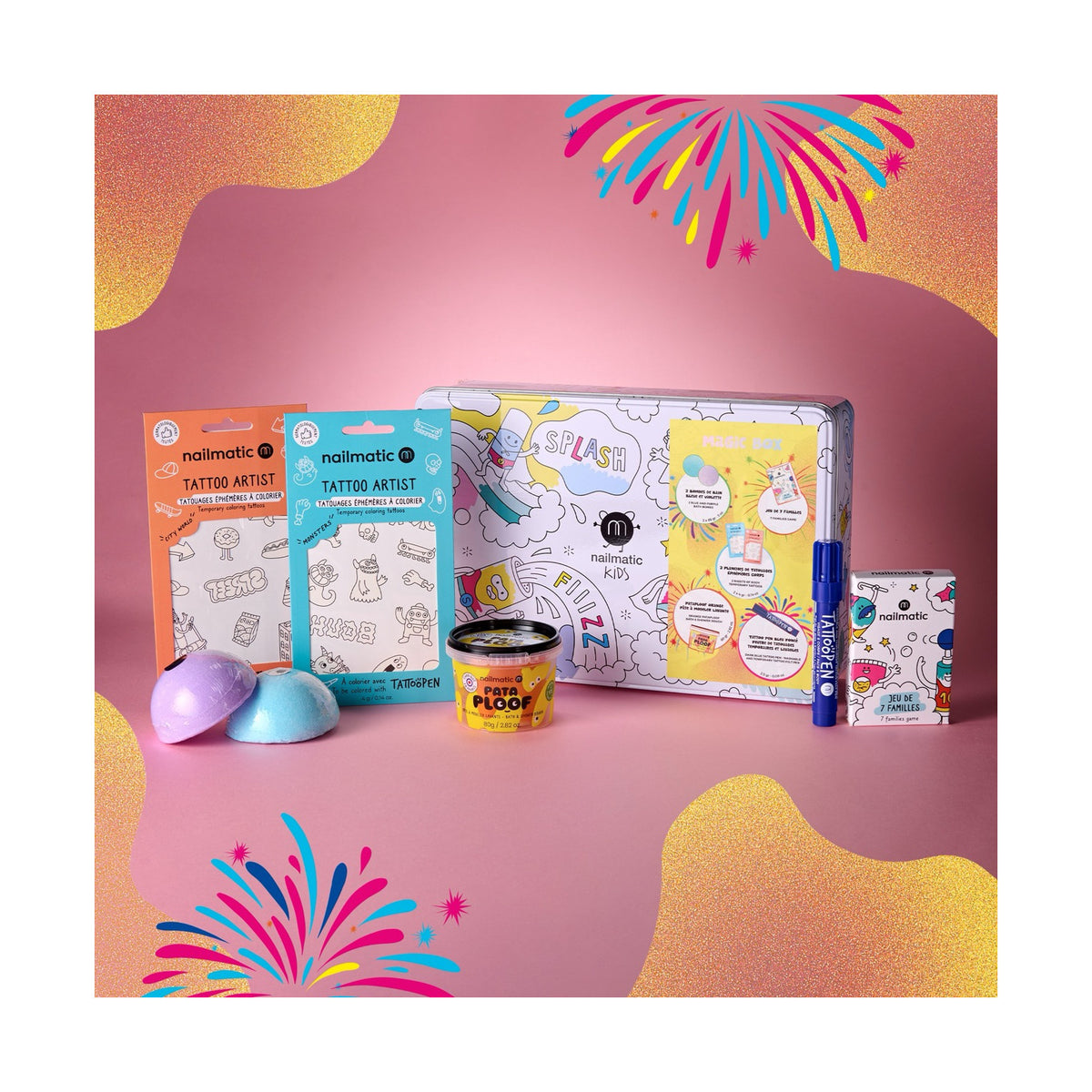 Zestaw Prezentowy do Kąpieli dla Dzieci - Nailmatic Magic Box Yellow, Kule, Myjąca Ciastolina i Tatuaże