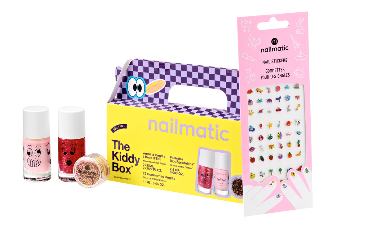 Zestaw Prezentowy do Paznokci dla Dzieci - Nailmatic The Kiddy Box Cool, Lakiery, Brokat i Naklejki, 4 szt.
