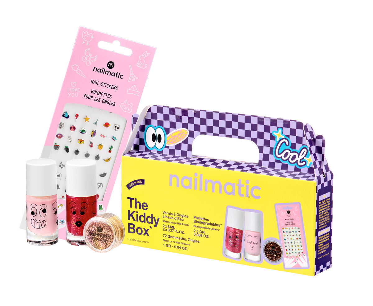 Zestaw Prezentowy do Paznokci dla Dzieci - Nailmatic The Kiddy Box Cool, Lakiery, Brokat i Naklejki, 4 szt.