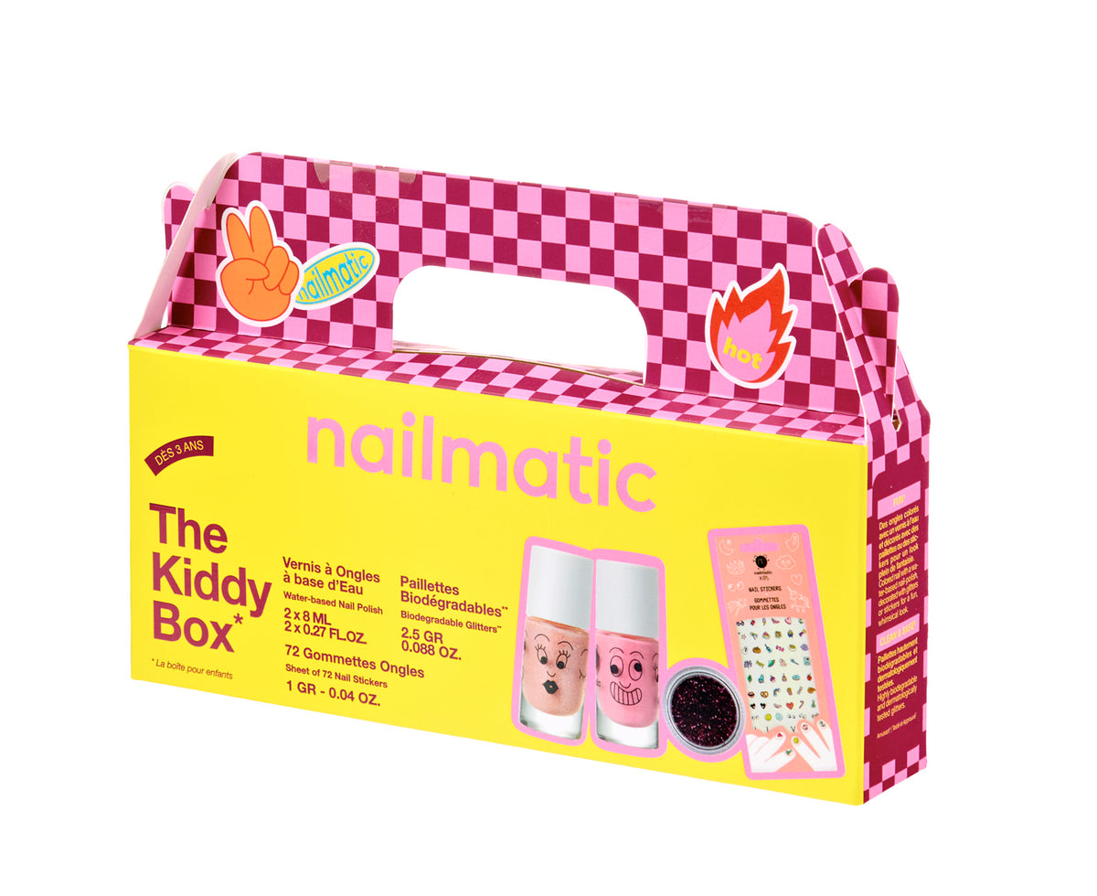 Zestaw Prezentowy do Paznokci dla Dzieci - Nailmatic The Kiddy Box Hot, Lakiery, Brokat i Naklejki, 4 szt.