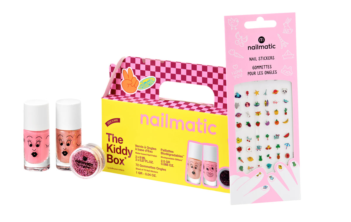 Zestaw Prezentowy do Paznokci dla Dzieci - Nailmatic The Kiddy Box Hot, Lakiery, Brokat i Naklejki, 4 szt.