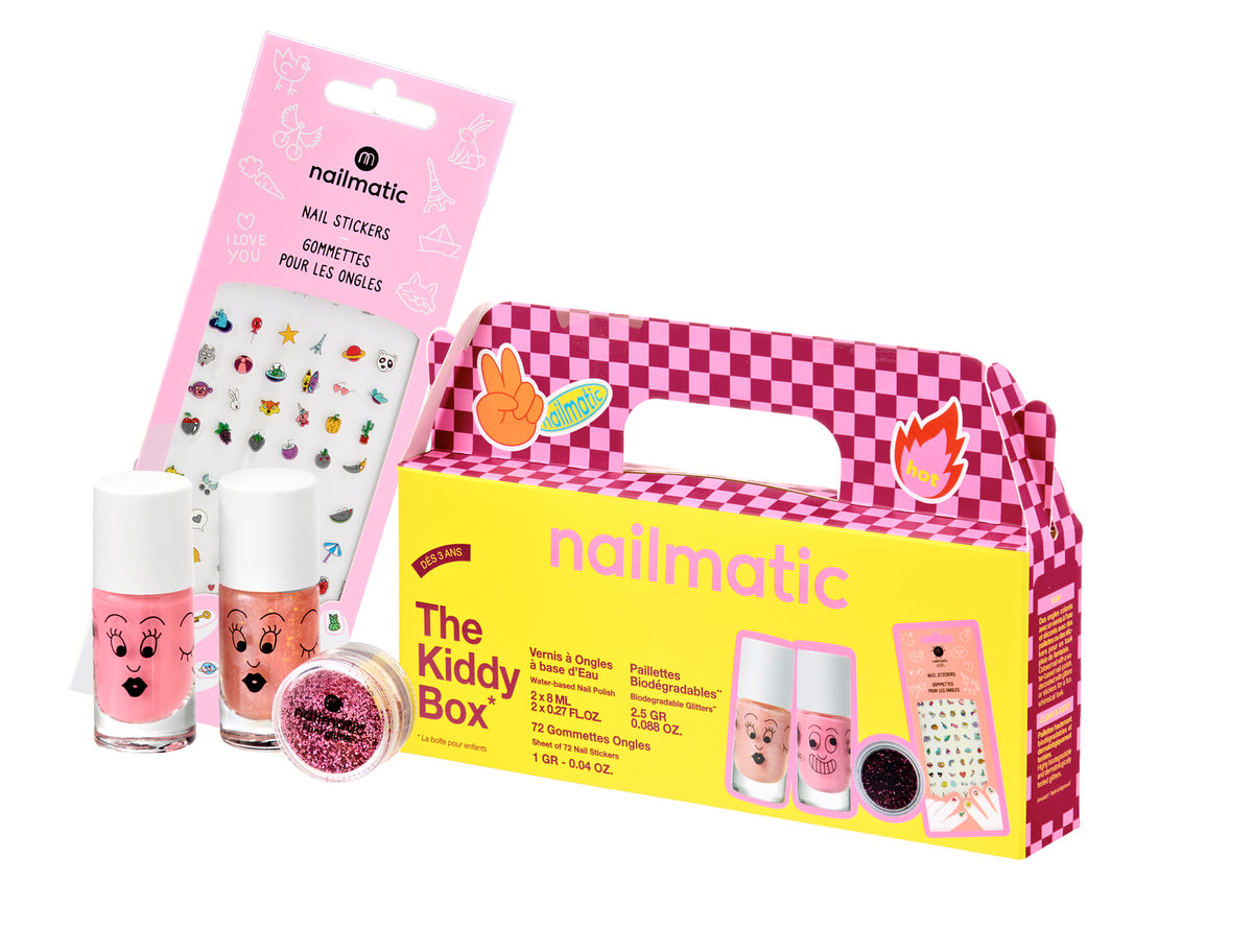 Zestaw Prezentowy do Paznokci dla Dzieci - Nailmatic The Kiddy Box Hot, Lakiery, Brokat i Naklejki, 4 szt.