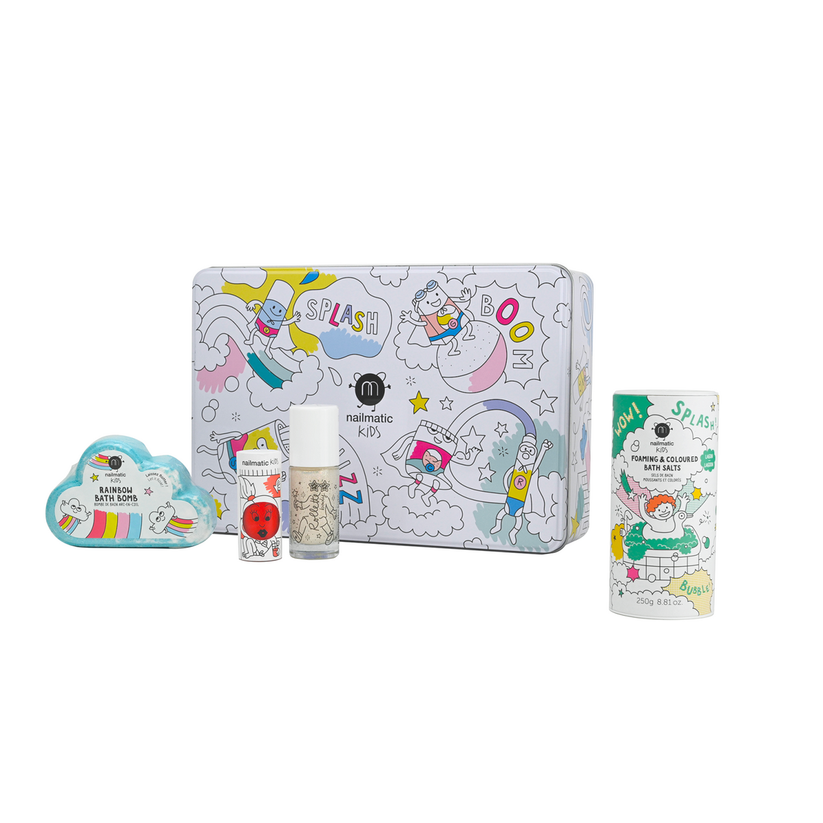 Zestaw Prezentowy z Kosmetykami dla Dzieci - Nailmatic Magic Box Rainbow, Lakier, Roll-on z Brokatem, Sól i Kula do Kąpieli
