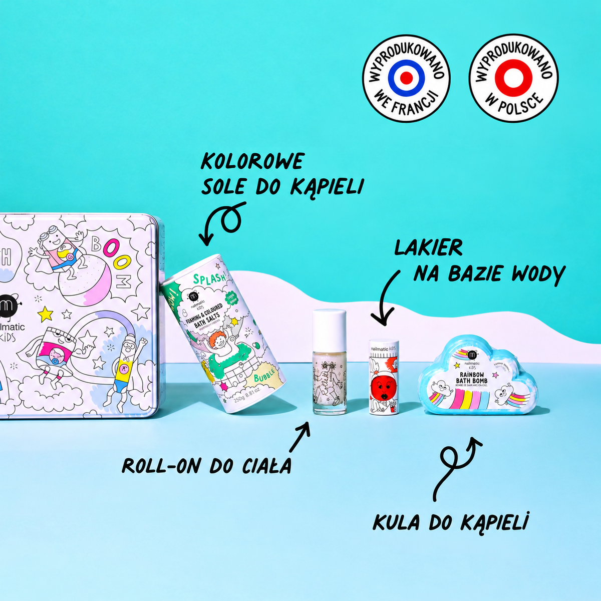 Zestaw Prezentowy z Kosmetykami dla Dzieci - Nailmatic Magic Box Rainbow, Lakier, Roll-on z Brokatem, Sól i Kula do Kąpieli