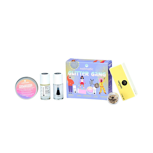 Zestaw do Manicure - Nailmatic Glitter Gang, Złoty Brokat i Baza Peel-Off, 5 szt.