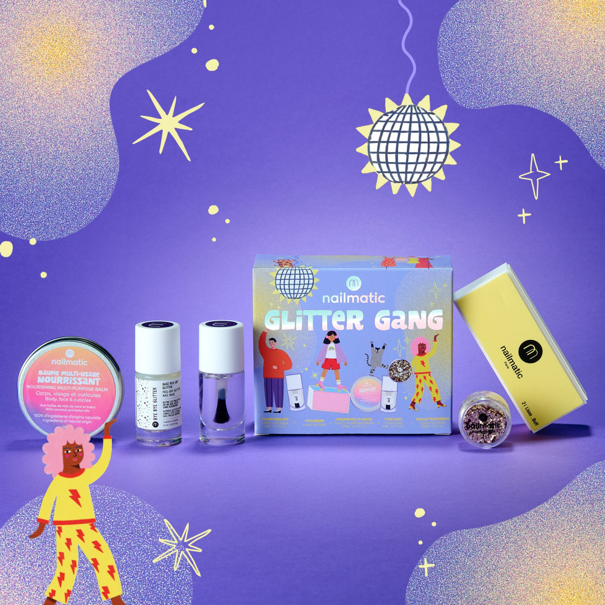 Zestaw do Manicure - Nailmatic Glitter Gang, Złoty Brokat i Baza Peel-Off, 5 szt.