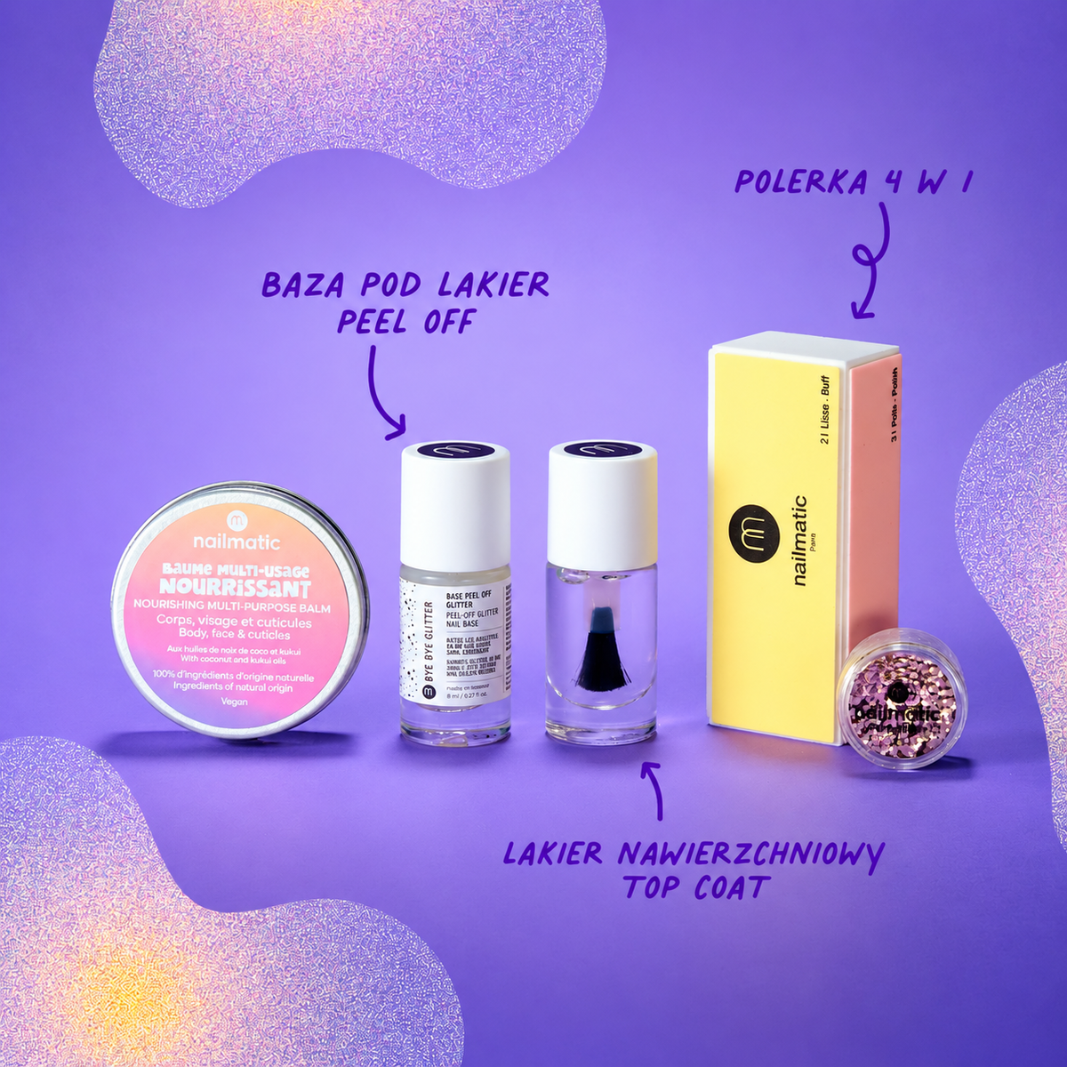 Zestaw do Manicure - Nailmatic Glitter Gang, Złoty Brokat i Baza Peel-Off, 5 szt.