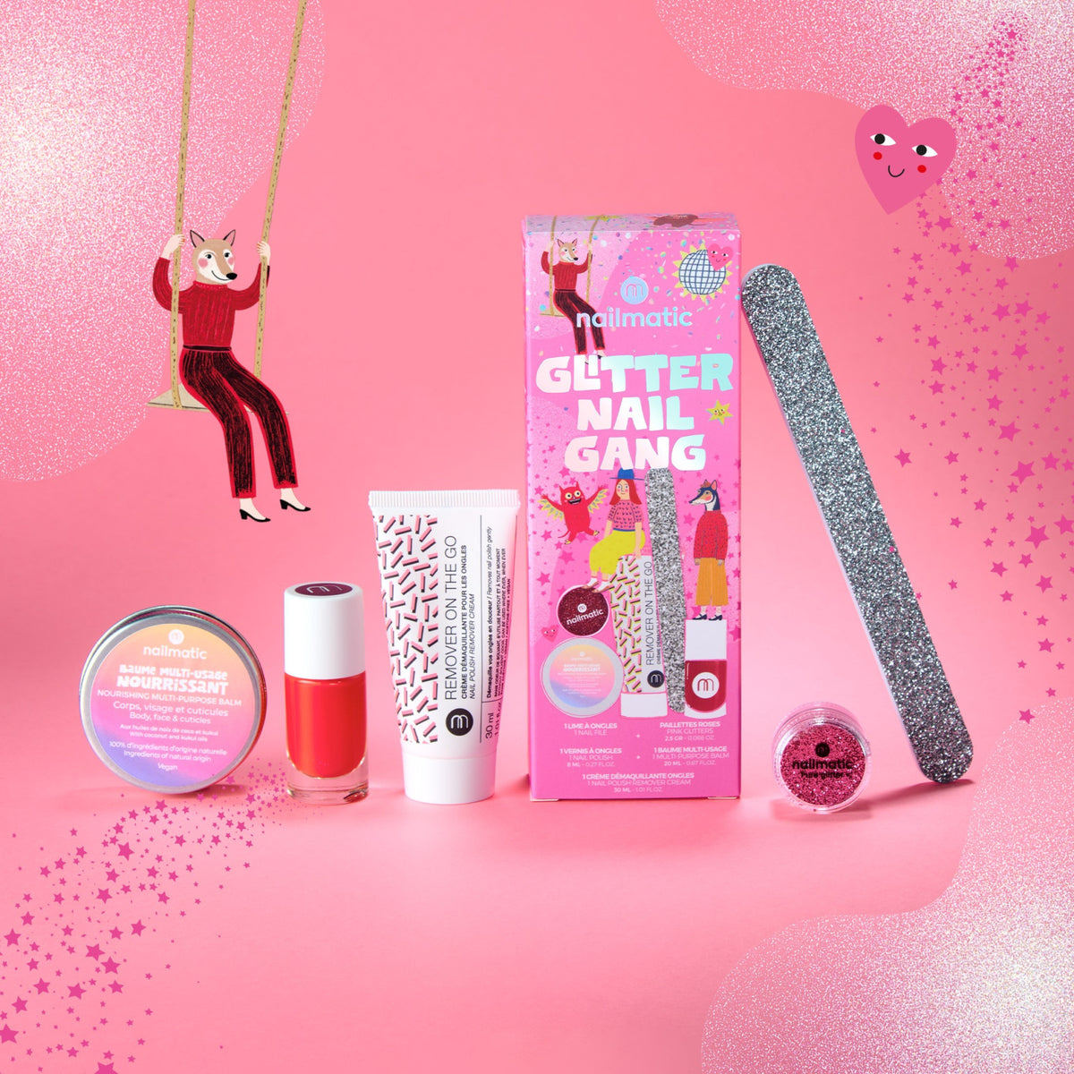 Zestaw do Manicure - Nailmatic Glitter Nail Gang, Czerwony Lakier i Różowy Brokat, 5 szt.