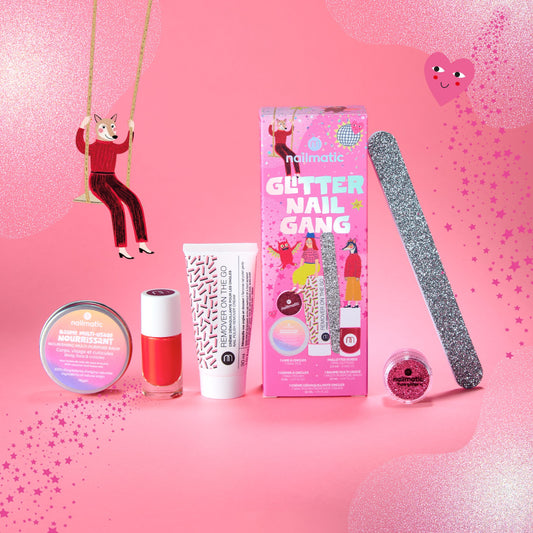 Zestaw do Manicure - Nailmatic Glitter Nail Gang, Czerwony Lakier i Różowy Brokat, 5 szt.