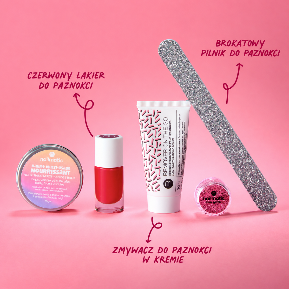 Zestaw do Manicure - Nailmatic Glitter Nail Gang, Czerwony Lakier i Różowy Brokat, 5 szt.