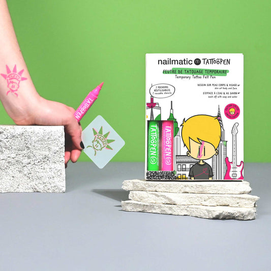 Zmywalne Markery do Ciała dla Dzieci z Szablonami do Tatuaży, Zielony i Różowy Nailmatic