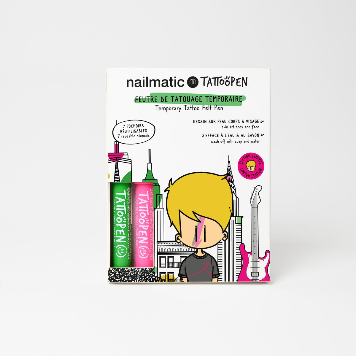 Zmywalne Markery do Ciała dla Dzieci z Szablonami do Tatuaży, Zielony i Różowy Nailmatic