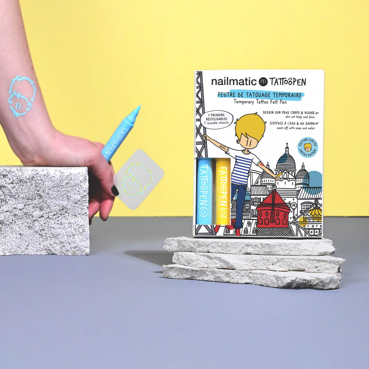 Zmywalne Markery do Ciała dla Dzieci z Szablonami do Tatuaży, Żółty i Niebieski Nailmatic