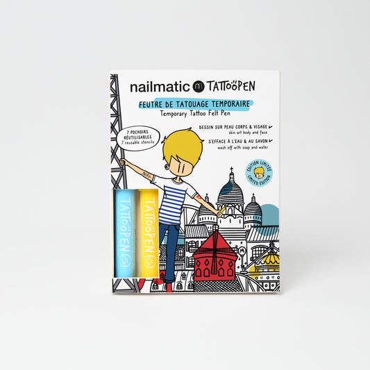 Zmywalne Markery do Ciała dla Dzieci z Szablonami do Tatuaży, Żółty i Niebieski Nailmatic